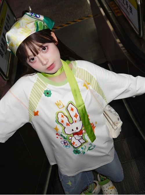 Summer Sports Style Kawaii Fashion Sweet Bunny Print Colorful Loose T-Shirt Denim Mid Shorts Set