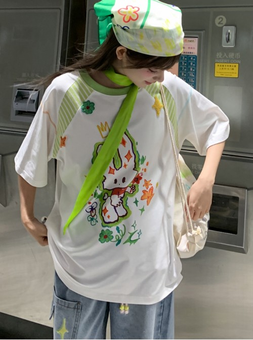 Summer Sports Style Kawaii Fashion Sweet Bunny Print Colorful Loose T-Shirt Denim Mid Shorts Set