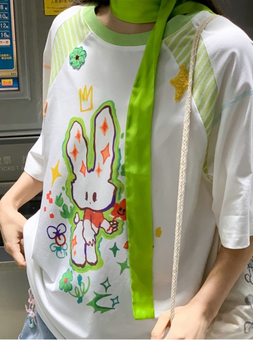 Summer Sports Style Kawaii Fashion Sweet Bunny Print Colorful Loose T-Shirt Denim Mid Shorts Set