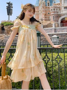 Asymmetrical Design Kawaii Fashion Yellow Sunflower Country Style Chiffon Sleeveless Halter Dress
