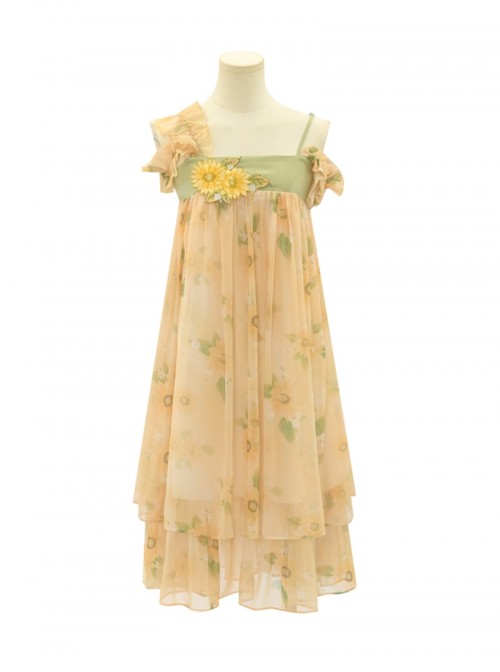 Asymmetrical Design Kawaii Fashion Yellow Sunflower Country Style Chiffon Sleeveless Halter Dress