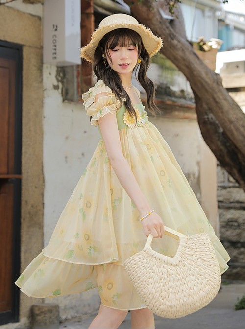 Asymmetrical Design Kawaii Fashion Yellow Sunflower Country Style Chiffon Sleeveless Halter Dress