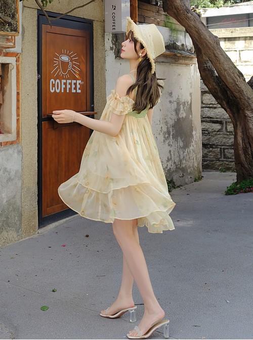 Asymmetrical Design Kawaii Fashion Yellow Sunflower Country Style Chiffon Sleeveless Halter Dress