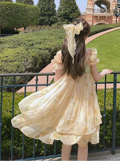 Asymmetrical Design Kawaii Fashion Yellow Sunflower Country Style Chiffon Sleeveless Halter Dress