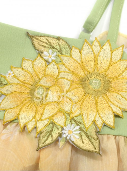 Asymmetrical Design Kawaii Fashion Yellow Sunflower Country Style Chiffon Sleeveless Halter Dress