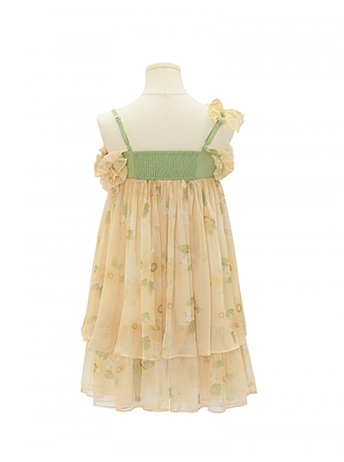 Asymmetrical Design Kawaii Fashion Yellow Sunflower Country Style Chiffon Sleeveless Halter Dress