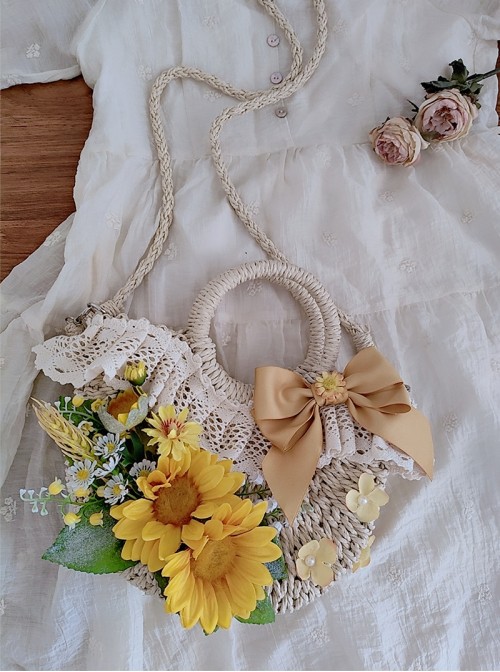 Sunflower Bloom Classic Lolita French Pastoral Straw Woven Bowknot Flower Beach Bag