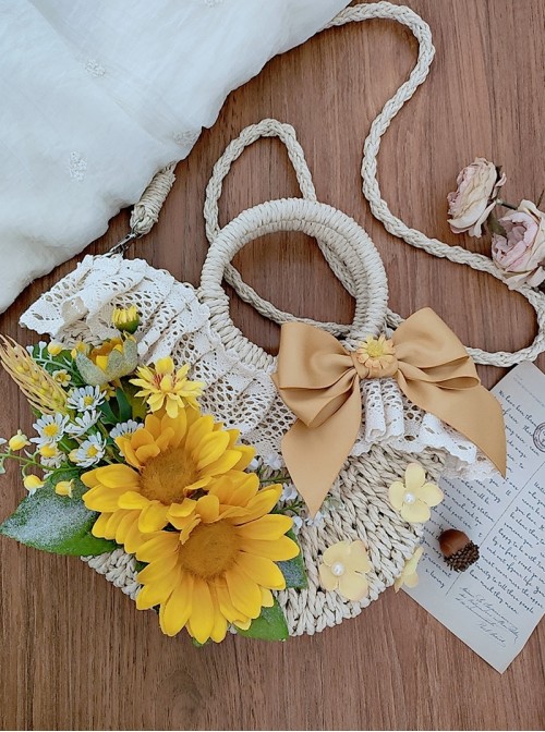 Sunflower Bloom Classic Lolita French Pastoral Straw Woven Bowknot Flower Beach Bag