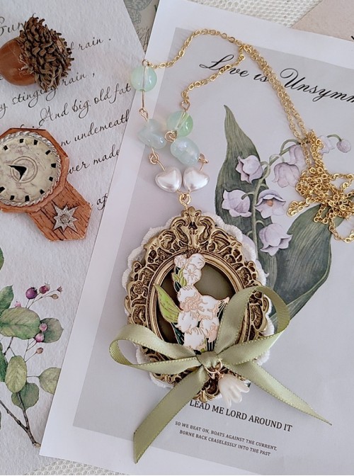 Devoted Lily Valley Classic Lolita Green Ribbon Bow European Vintage Frame Necklace