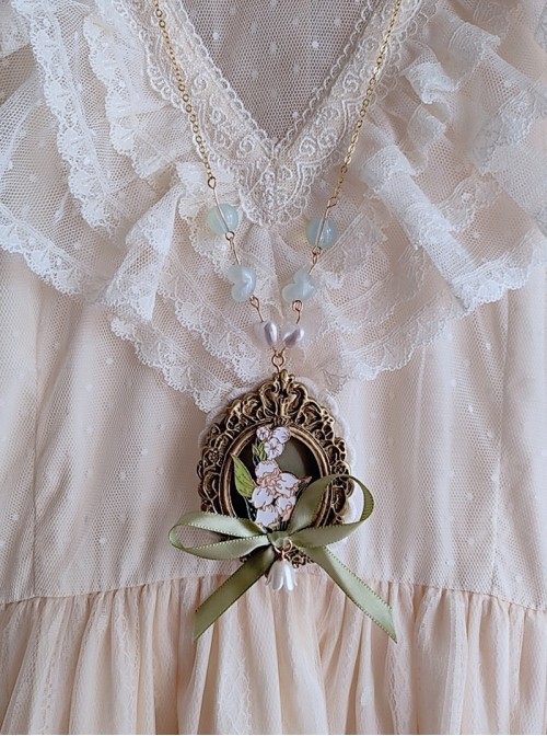 Devoted Lily Valley Classic Lolita Green Ribbon Bow European Vintage Frame Necklace