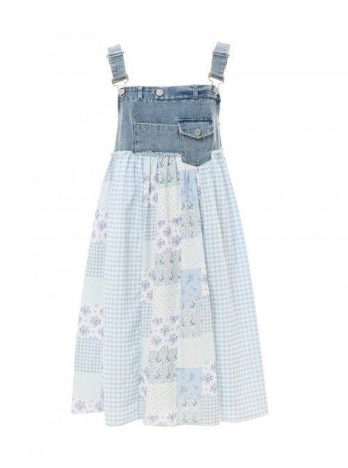 Casual Vacation Style Kawaii Fashion Blue Denim Plaid Patchwork Suspenders Dress