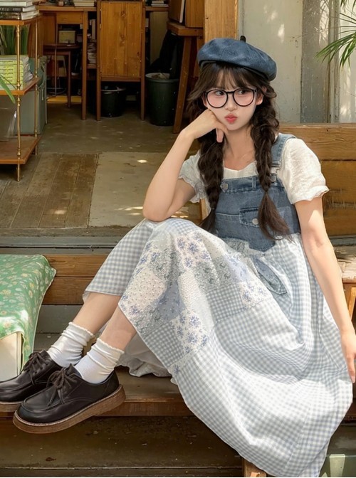 Casual Vacation Style Kawaii Fashion Blue Denim Plaid Patchwork Suspenders Dress