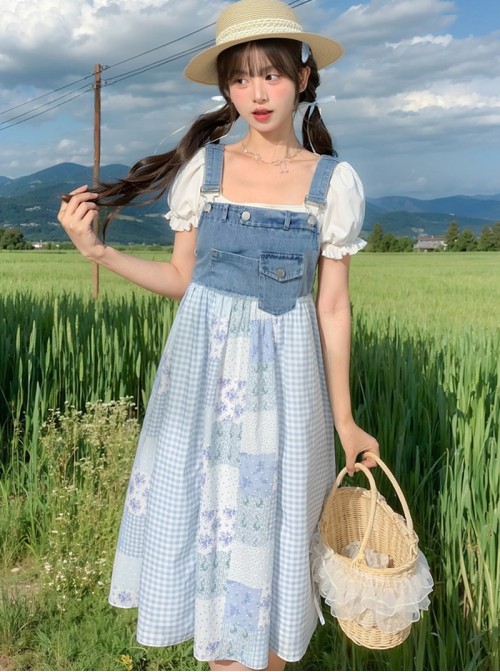 Casual Vacation Style Kawaii Fashion Blue Denim Plaid Patchwork Suspenders Dress