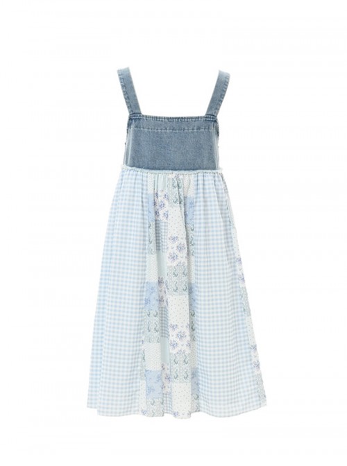 Casual Vacation Style Kawaii Fashion Blue Denim Plaid Patchwork Suspenders Dress