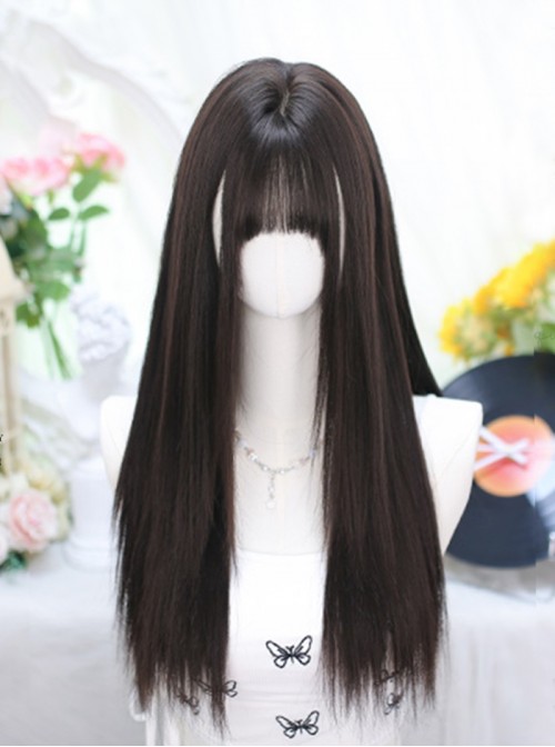 Japanese Style Daily Classic Lolita Black Silky Straight Full Head Long Wig