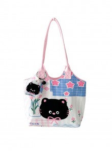 Cartoon Cute Flower Star Check Patchwork Black Cat Kawaii Fashion Commute Handbag