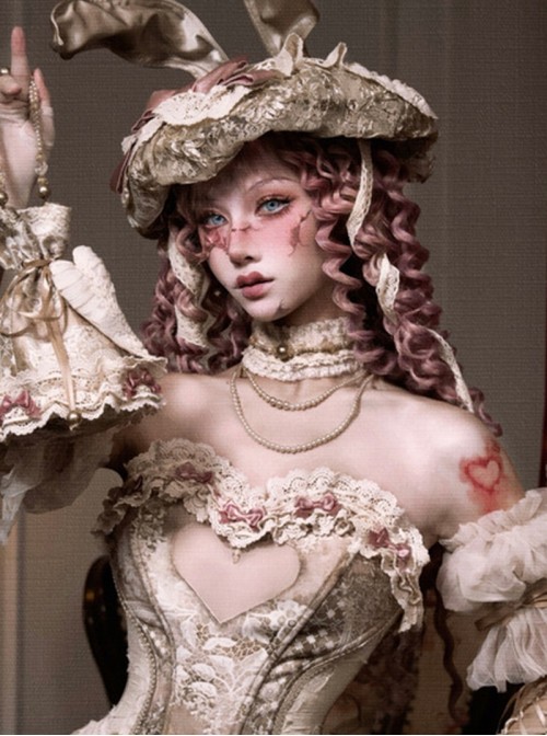 Love Poem Box Series Classic Lolita Apricot Elegant Pearl Chain Lace Ribbon Necklace