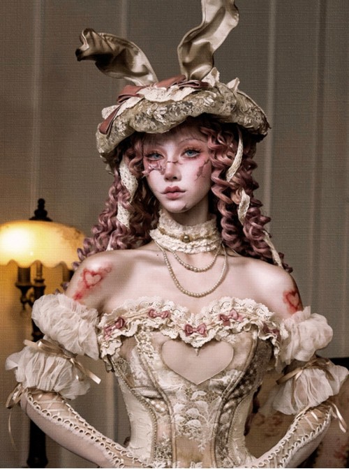 Love Poem Box Series Classic Lolita Apricot Elegant Pearl Chain Lace Ribbon Necklace
