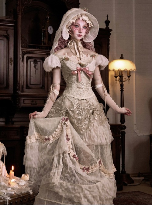 Love Poem Box Series Classic Lolita Apricot Spahl Vintage Gorgeous Floral Lace Skirt