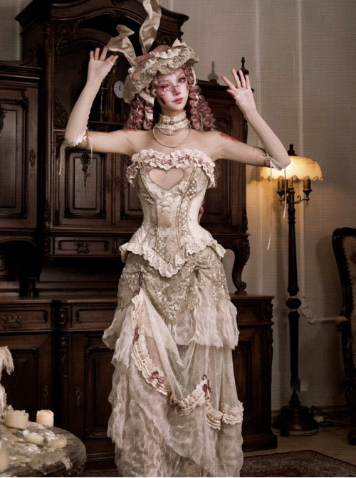 Love Poem Box Series Classic Lolita Apricot Spahl Vintage Gorgeous Floral Lace Skirt