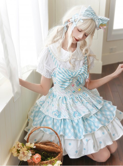 Summer Light Blue Sweet Lolita Cute Stripes Polka Dots Gingham Cupcake Bowknot Sleeveless Suspender Dress