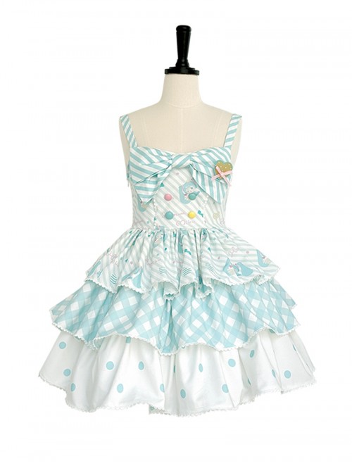 Summer Light Blue Sweet Lolita Cute Stripes Polka Dots Gingham Cupcake Bowknot Sleeveless Suspender Dress
