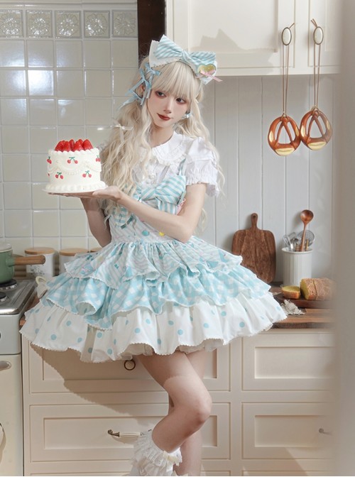 Summer Light Blue Sweet Lolita Cute Stripes Polka Dots Gingham Cupcake Bowknot Sleeveless Suspender Dress