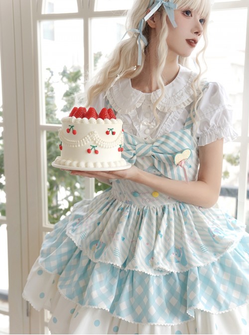 Summer Light Blue Sweet Lolita Cute Stripes Polka Dots Gingham Cupcake Bowknot Sleeveless Suspender Dress