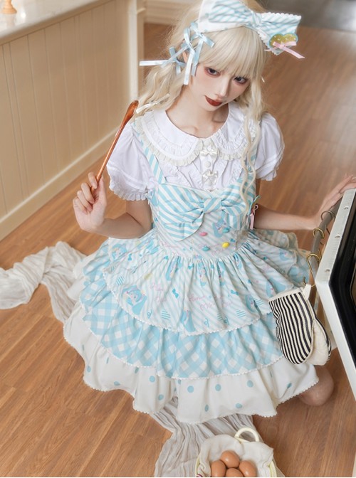Summer Light Blue Sweet Lolita Cute Stripes Polka Dots Gingham Cupcake Bowknot Sleeveless Suspender Dress