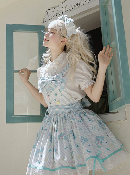 Summer Light Blue Sweet Lolita Striped Bowknot Cake Lace Cute Girl Suspender Dress