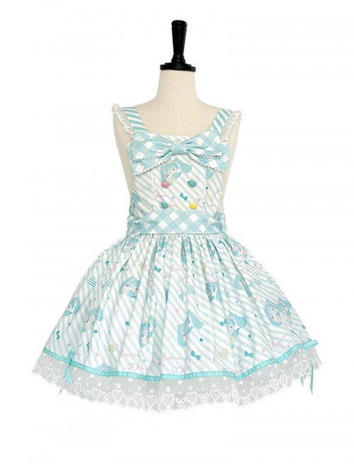 Summer Light Blue Sweet Lolita Striped Bowknot Cake Lace Cute Girl Suspender Dress