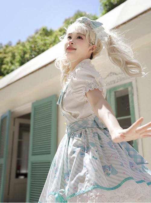 Summer Light Blue Sweet Lolita Striped Bowknot Cake Lace Cute Girl Suspender Dress