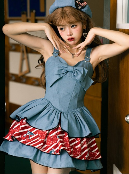 Cherry Denim Series Sweet Lolita Japanese Harajuku Festival Sleeveless Dress