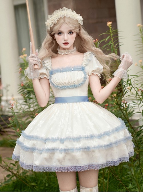 Sea Salt Iced Tea Series Sweet Lolita Elegant Apricot Square Neck Short Bubble Sleeve Dress