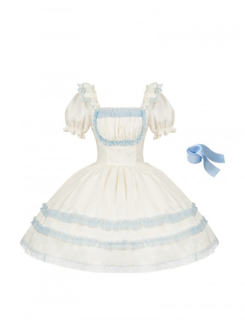 Sea Salt Iced Tea Series Sweet Lolita Elegant Apricot Square Neck Short Bubble Sleeve Dress