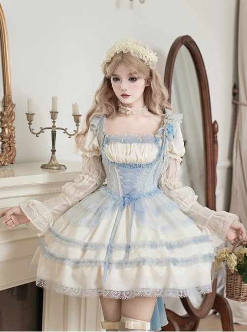 Sea Salt Iced Tea Series Sweet Lolita Elegant Apricot Square Neck Short Bubble Sleeve Dress