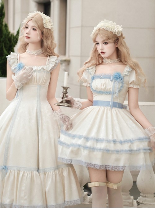 Sea Salt Iced Tea Series Sweet Lolita Elegant Apricot Square Neck Short Bubble Sleeve Dress