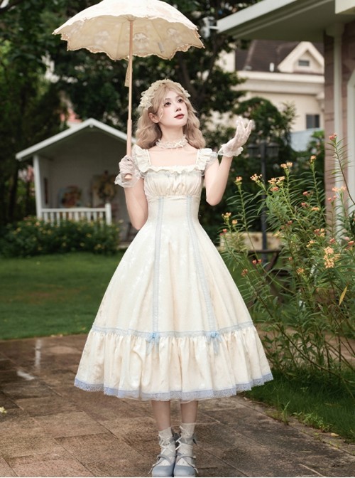 Sea Salt Iced Tea Series Classic Lolita Elegant Apricot Square Neck Waist Defined Lace Flutter Sleeve Long Dress