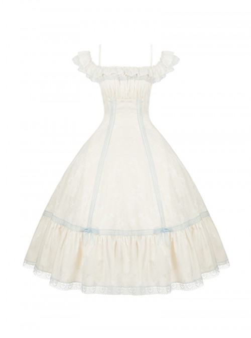 Sea Salt Iced Tea Series Classic Lolita Elegant Apricot Square Neck Waist Defined Lace Flutter Sleeve Long Dress