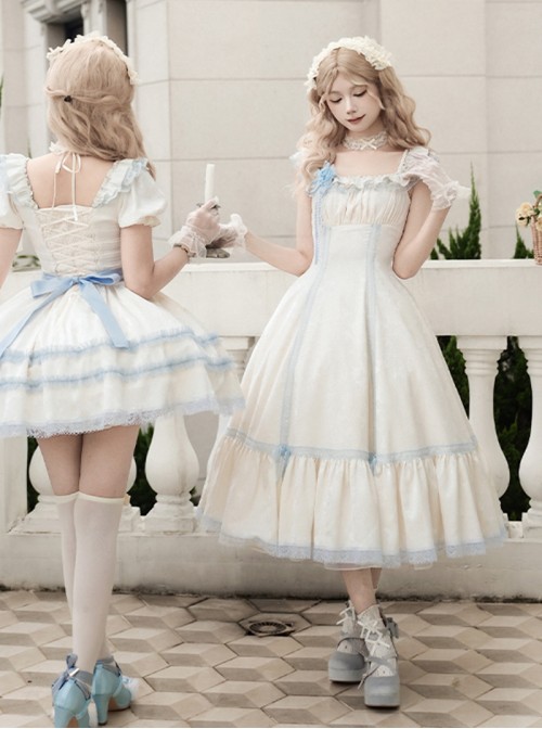 Sea Salt Iced Tea Series Classic Lolita Elegant Apricot Square Neck Waist Defined Lace Flutter Sleeve Long Dress