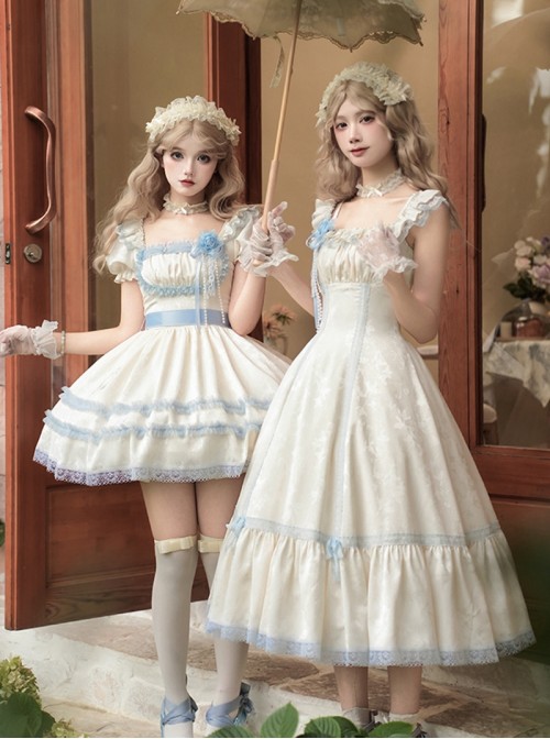 Sea Salt Iced Tea Series Classic Lolita Elegant Apricot Square Neck Waist Defined Lace Flutter Sleeve Long Dress