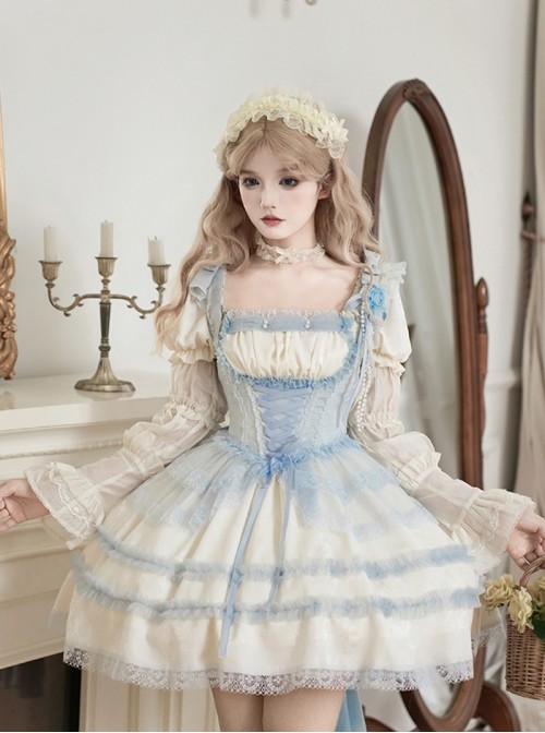 Sea Salt Iced Tea Series Classic Lolita Versatile Light Blue Lace Ribbon Tie Bowknot Corset Belt