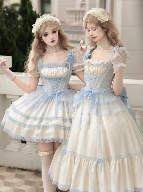 Sea Salt Iced Tea Series Classic Lolita Versatile Light Blue Lace Ribbon Tie Bowknot Corset Belt