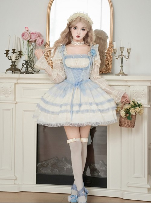 Sea Salt Iced Tea Series Classic Lolita Light Blue Rose Pearl Chain Brooch