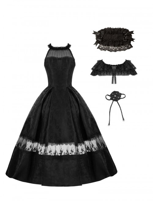 Misty Flowers Series Classic Lolita Elegant Halter Neck Long Dress Ribbon Corsage Set