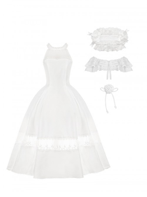 Misty Flowers Series Classic Lolita Elegant Halter Neck Long Dress Ribbon Corsage Set