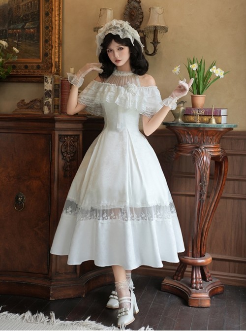 Misty Flowers Series Classic Lolita Elegant Halter Neck Long Dress Ribbon Corsage Set