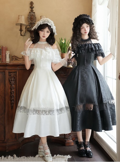 Misty Flowers Series Classic Lolita Elegant Halter Neck Long Dress Ribbon Corsage Set