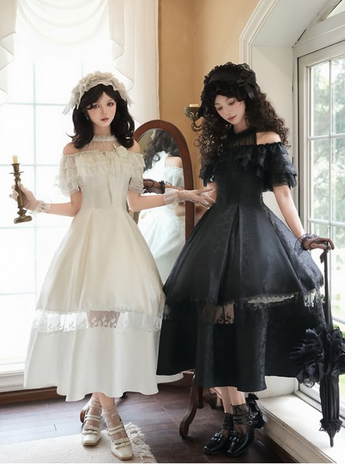 Misty Flowers Series Classic Lolita Elegant Halter Neck Long Dress Ribbon Corsage Set