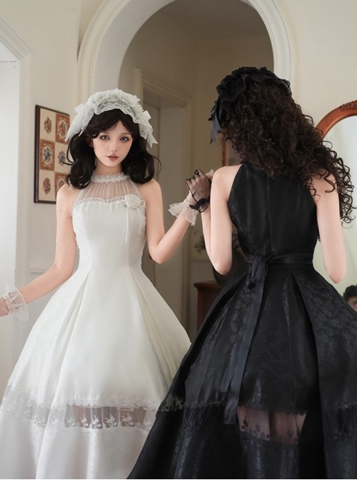 Misty Flowers Series Classic Lolita Elegant Halter Neck Long Dress Ribbon Corsage Set